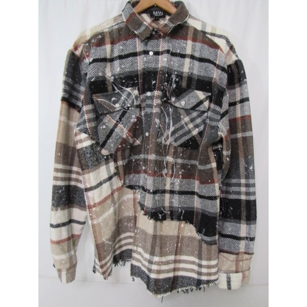 MAN Boohoo MAN‎ Oversized Plaid Overshirt Black Beige Sz L Shacket